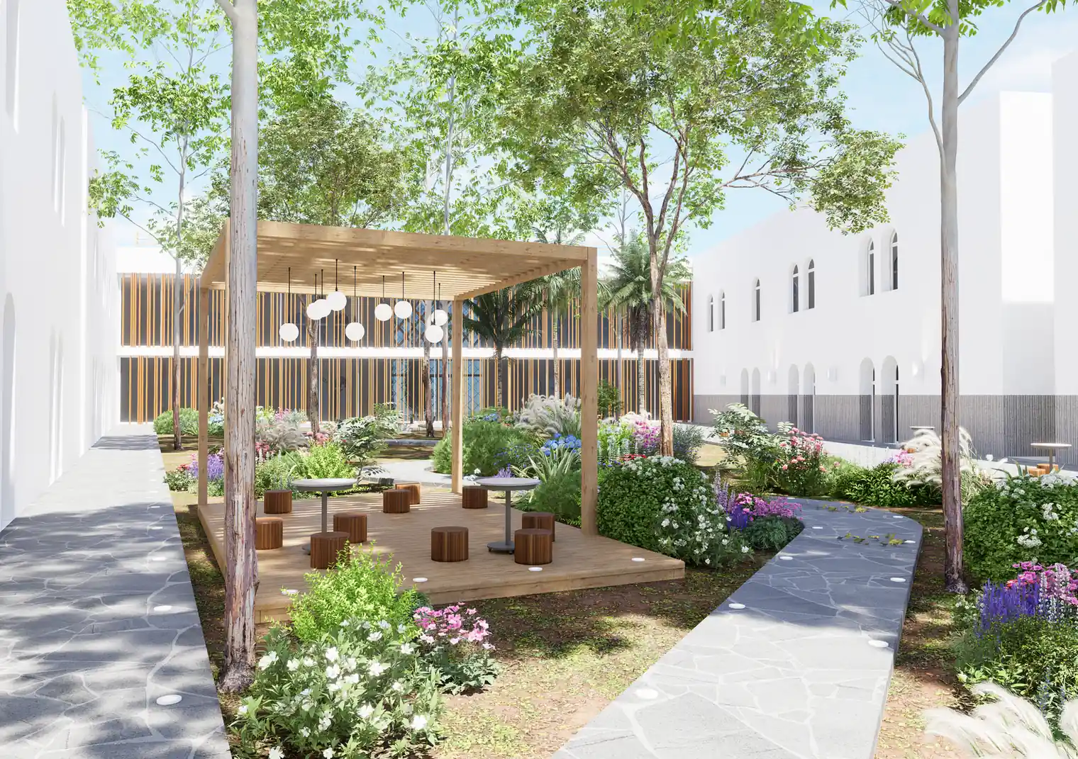 Bibbiena — Exterior — Inner garden with timber pergola