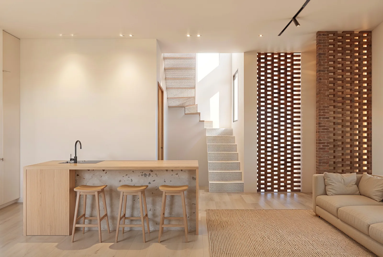 Rendering of the Villa BH120 living room with brick claustra and kitchen island
